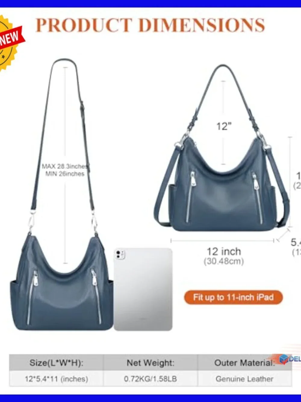 Genuine Leather Hobo Shoulder Bag Crossbody with Multiple Pockets